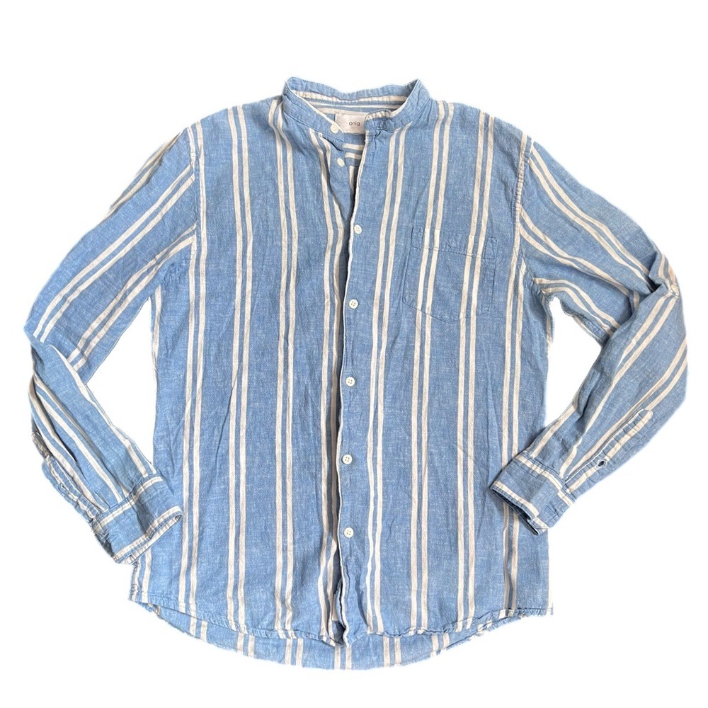 Onia cotton linen blend blue and white striped button down shirt